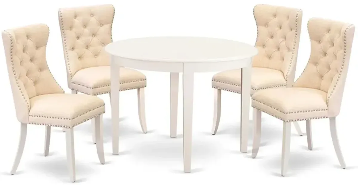 East West Furniture BODA5-WHI-32 5 Piece Kitchen Table Set Contains a Round Dining Table and 4 Upholstered Chairs, Linen White