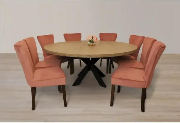 9-Piece 72 Dining Set 8 Cleo Dining Chairs Blush Velvet Fabric Dark Brown Legs