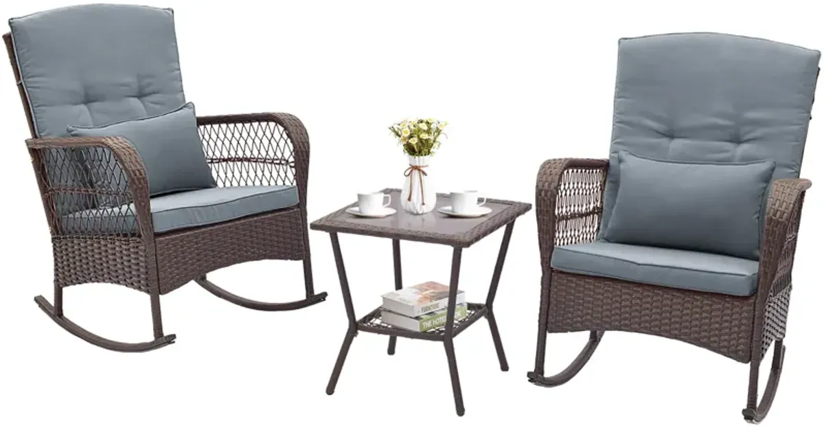 3 Pieces Rocking Bistro Set with 2-Tier Coffee Table