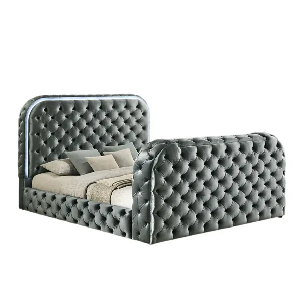 Kerie King Bed with LED Fireplace, Hidden Lift TV Stand, Gray Velvet - Benzara
