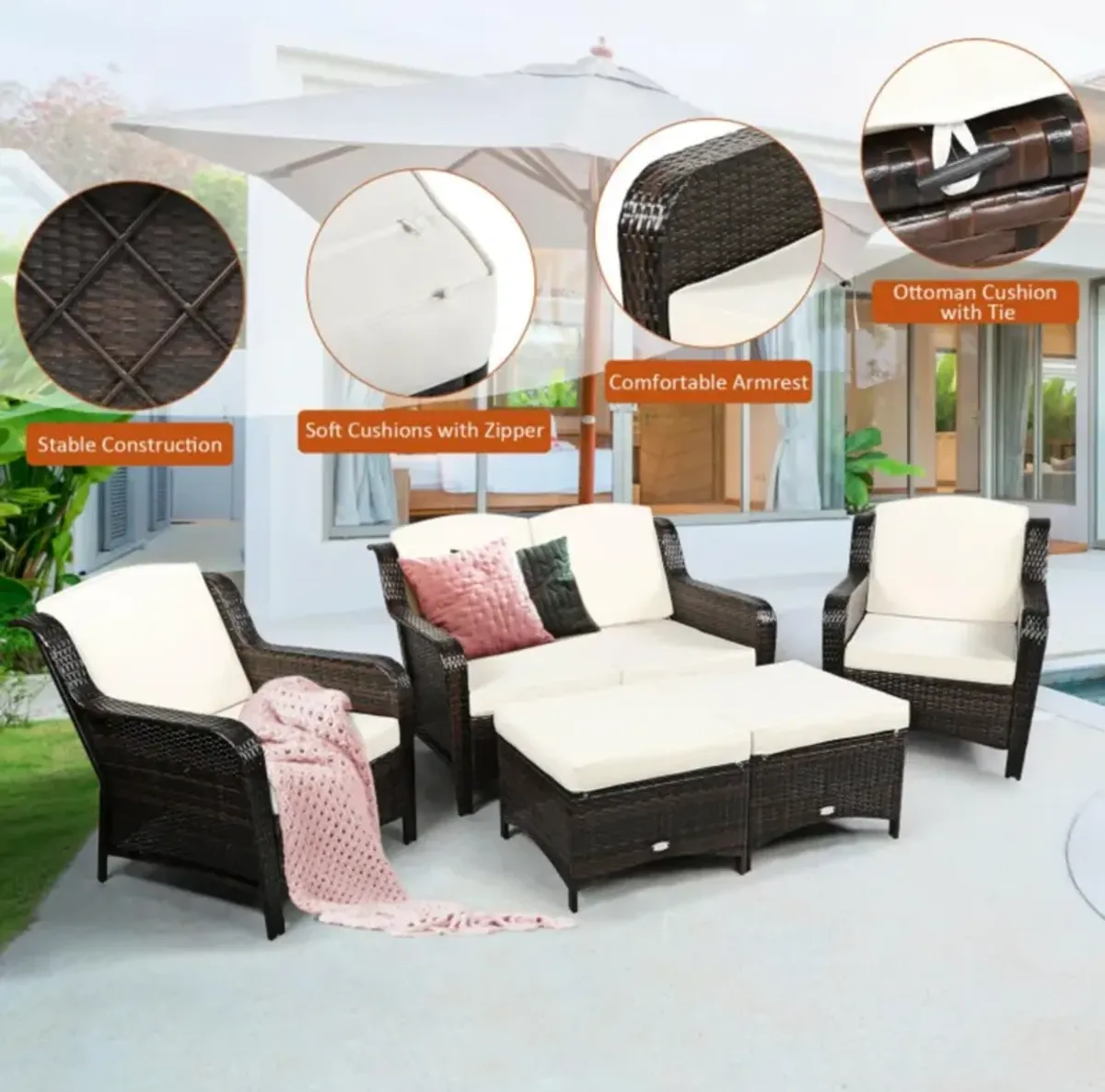 Hivvago 5 Pieces Patio Rattan Sofa Set with Cushion and Ottoman