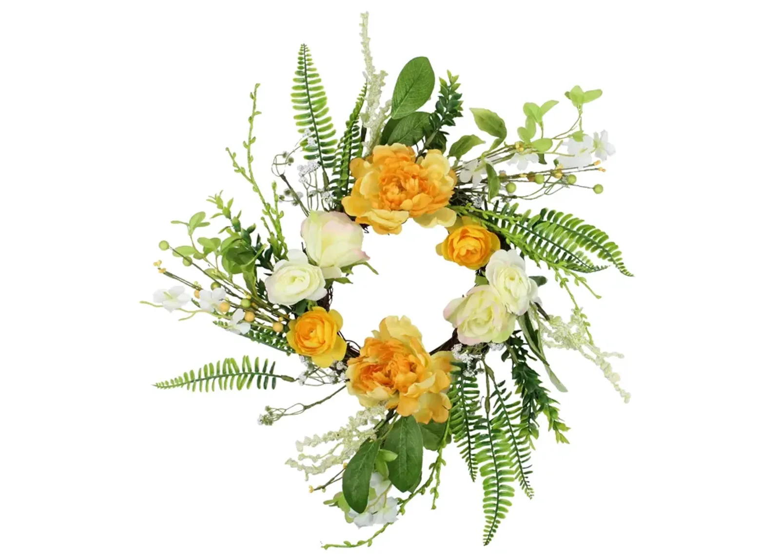 Hydrangea and Rose Twig Artificial Floral Wreath  Orange 16-Inch