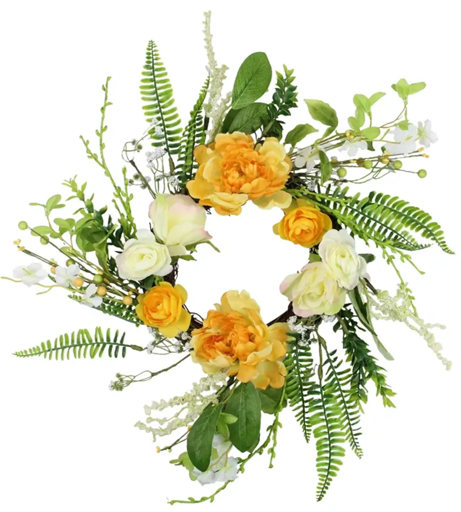 Hydrangea and Rose Twig Artificial Floral Wreath  Orange 16-Inch