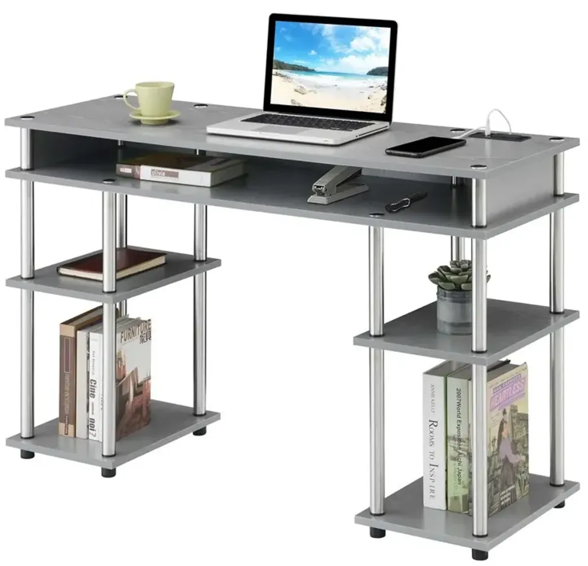 Convenience Concepts Designs2Go No Tools Student Desk With Charging Station, Gray