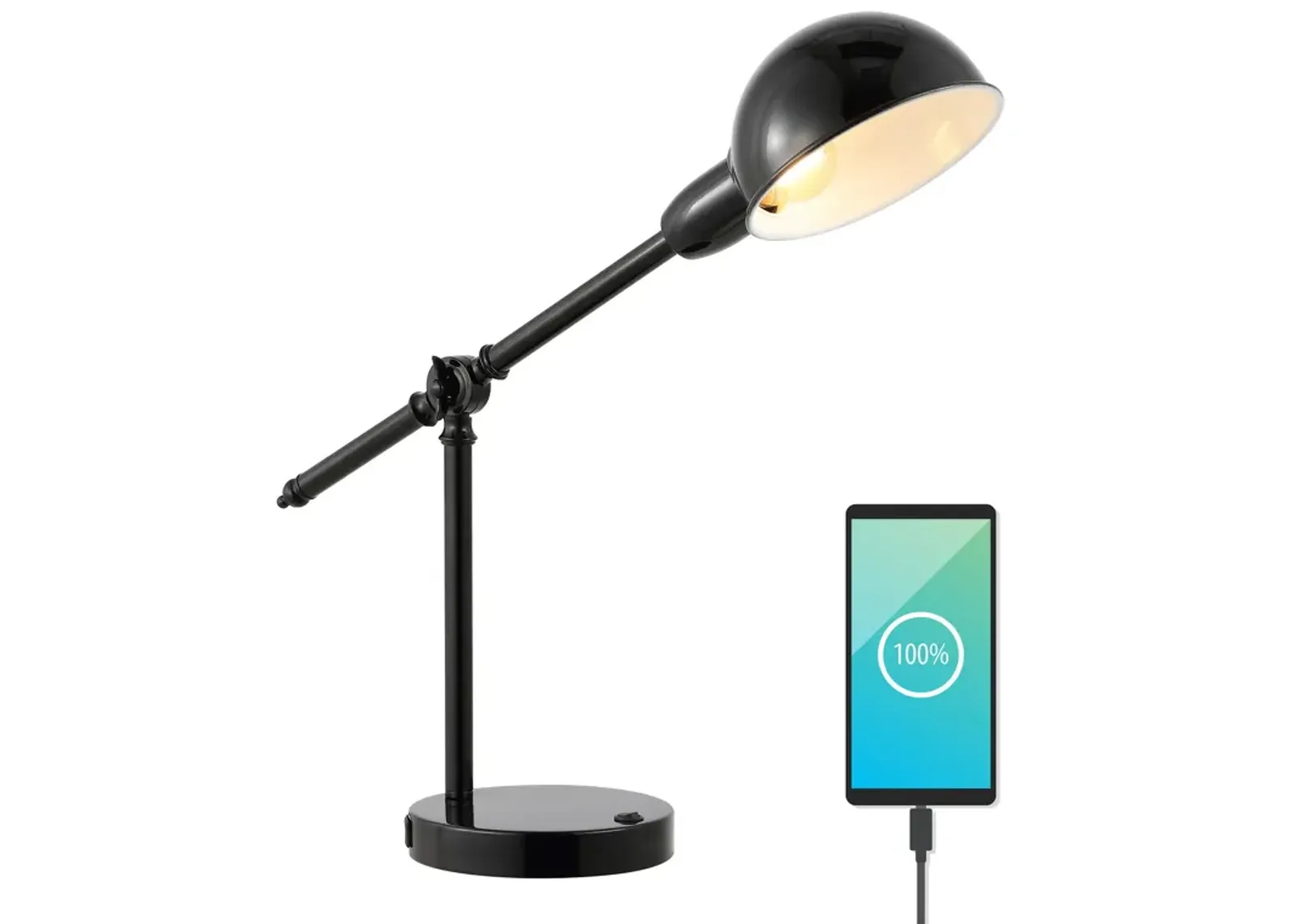 Curtis Vintage Industrial Iron Adjustable Dome Shade LED Task Lamp with USB Charging Port