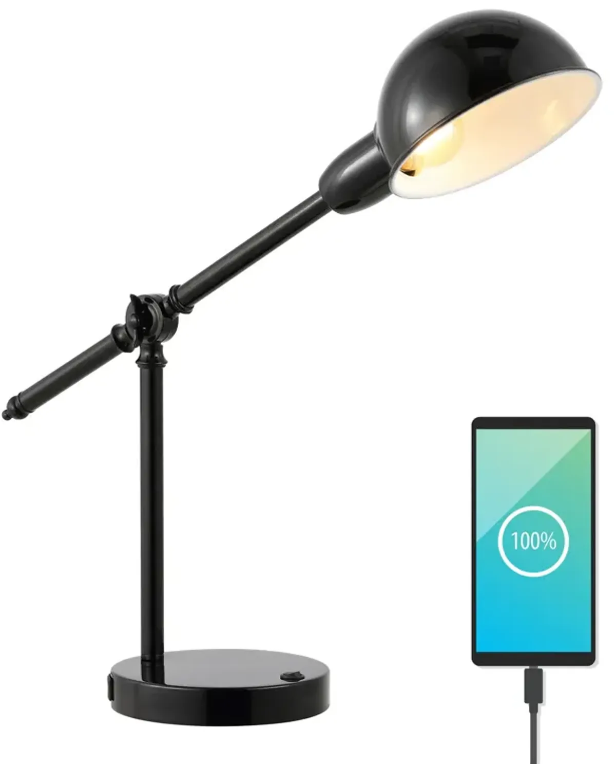 Curtis Vintage Industrial Iron Adjustable Dome Shade LED Task Lamp with USB Charging Port