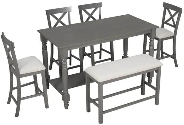 Gewnee  6-Piece Counter Height Dining Table Set Table with Shelf 4 Chairs and Bench for Dining Room (Gray)