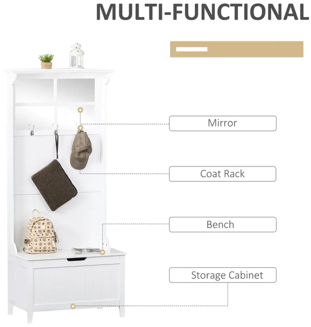 White Entryway Solution: 4-in-1 Coat Rack Shoe Bench with Mirror