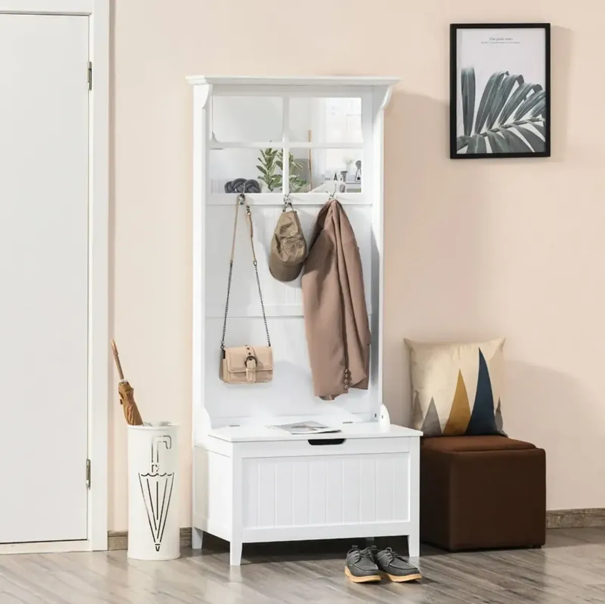 White Entryway Solution: 4-in-1 Coat Rack Shoe Bench with Mirror