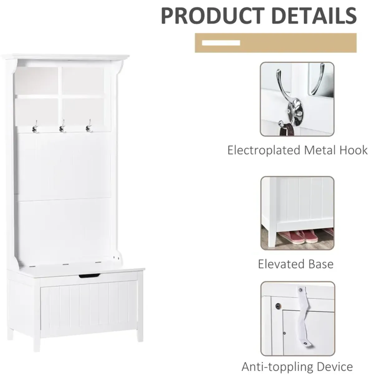 White Entryway Solution: 4-in-1 Coat Rack Shoe Bench with Mirror