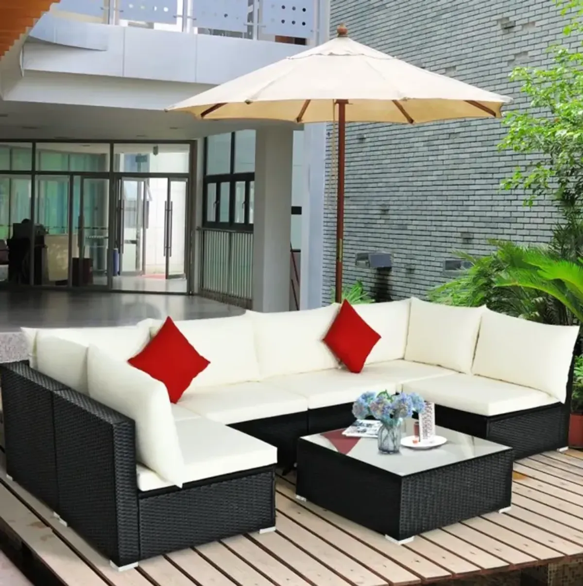 Hivvago 7 Pieces Sectional Wicker Furniture Sofa Set with Tempered Glass Top Coffee Table