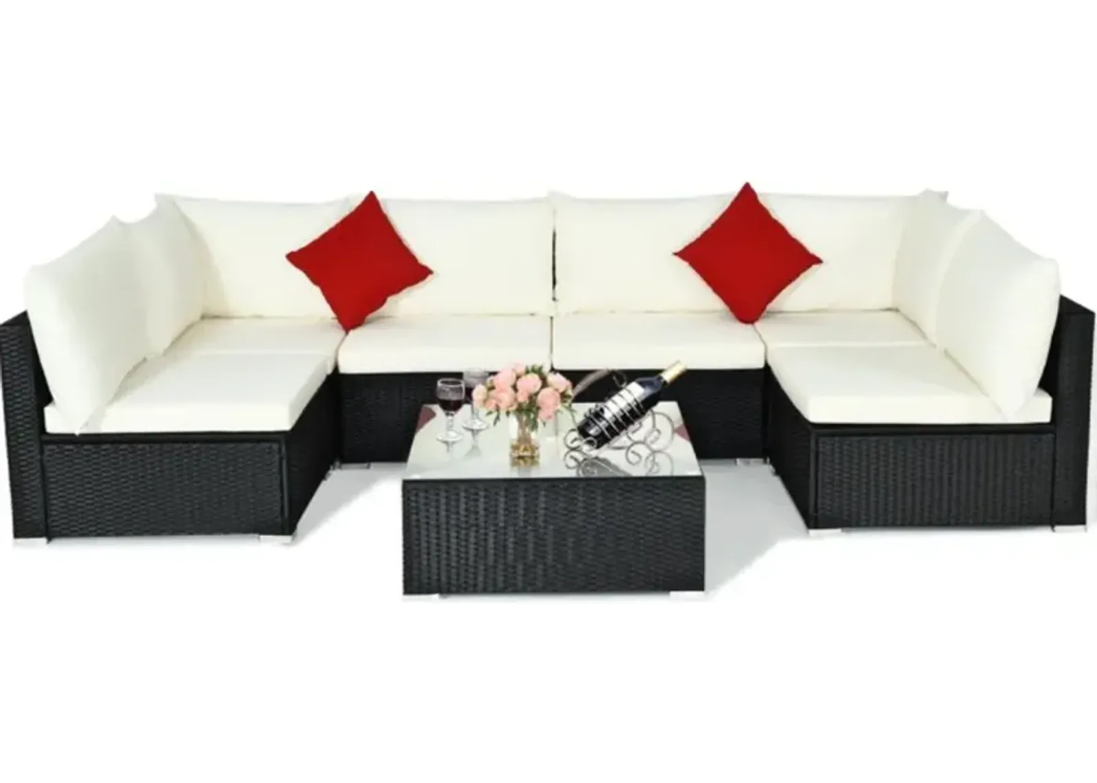 Hivvago 7 Pieces Sectional Wicker Furniture Sofa Set with Tempered Glass Top Coffee Table