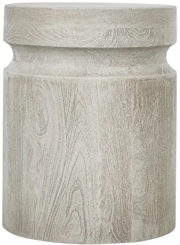 Benjara Kiv 18 Inch Side End Table, Round Mango Wood Top, Carved Accent Base, Gray, Cream
