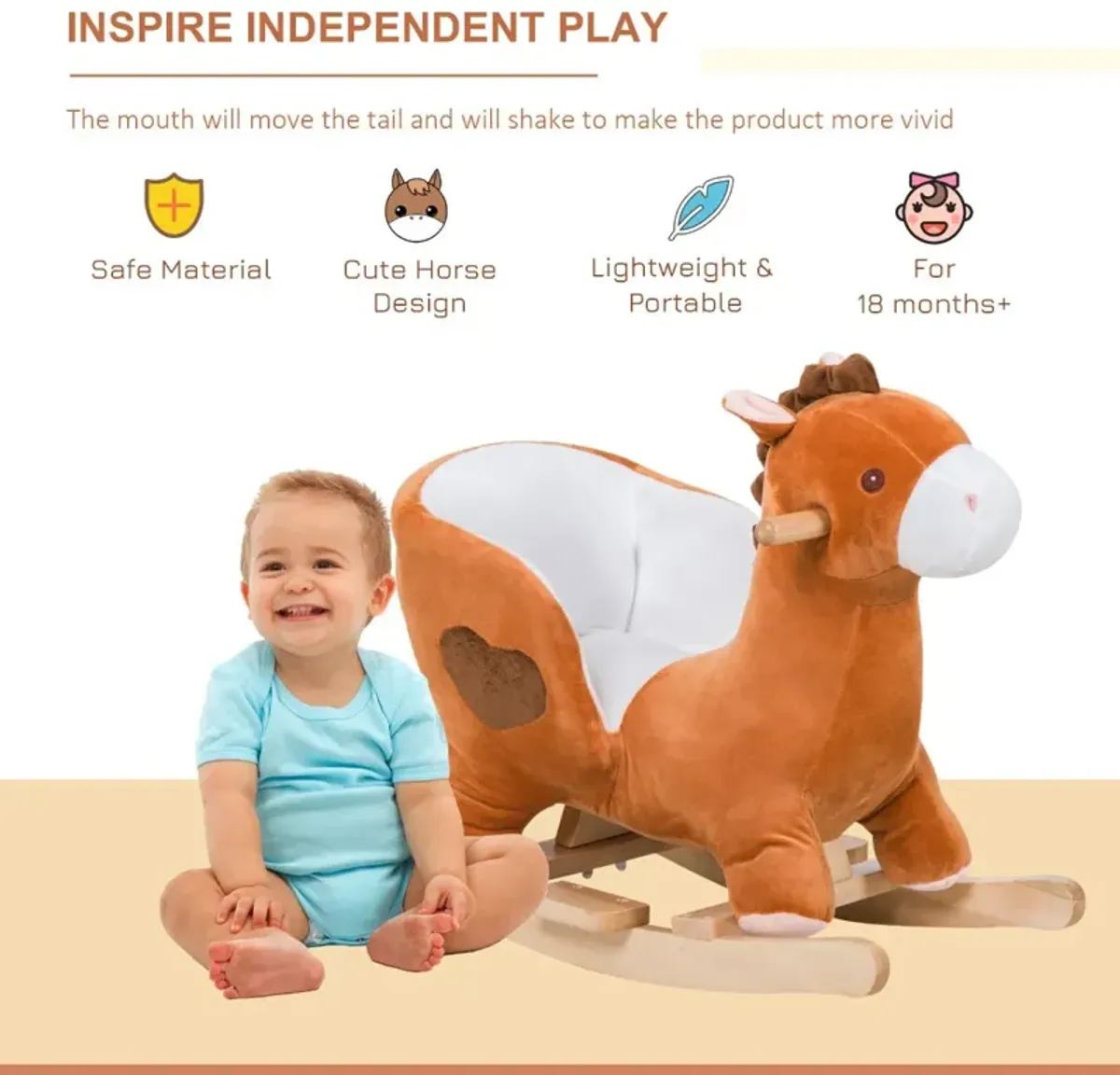 Brown/White Musical Mount: Wooden Plush Rocking Horse for Toddlers