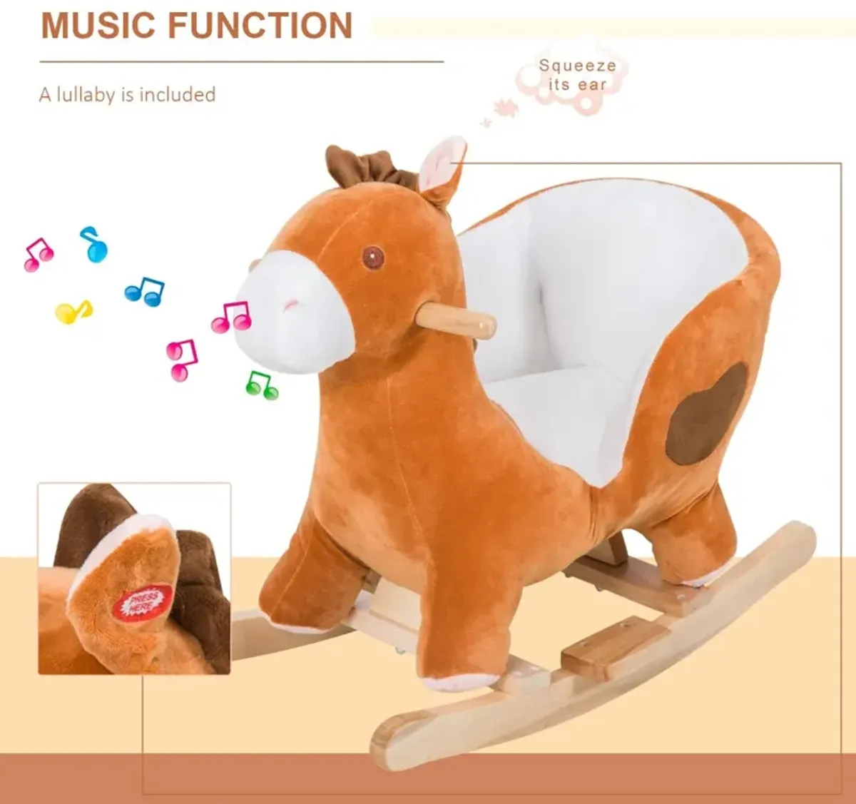 Brown/White Musical Mount: Wooden Plush Rocking Horse for Toddlers