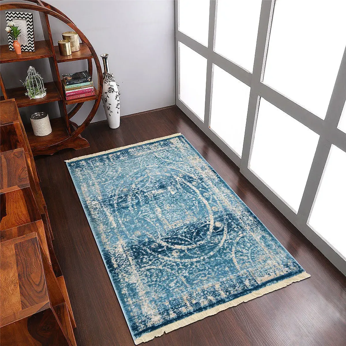 RUGSOTIC CARPETS MACHINE MADE POLYESTER AREA RUGS - 5'x7'10'', Rectangle Shape, Blue Color, Classic Oriental Traditional  Design,Low Pile Machine Made Area Rugs for Living Room, Bed Room (M00078)