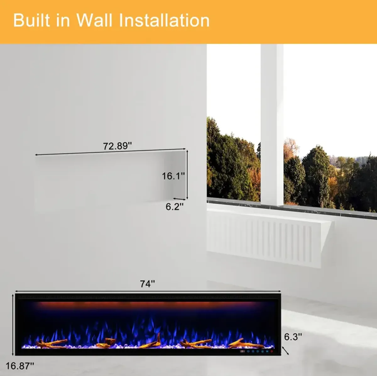 MONDAWE 74" Wall Mounted Embedded Electric Fireplace, 60Hz, 110-120 Volt, 1500W, With Overheat Protection Device