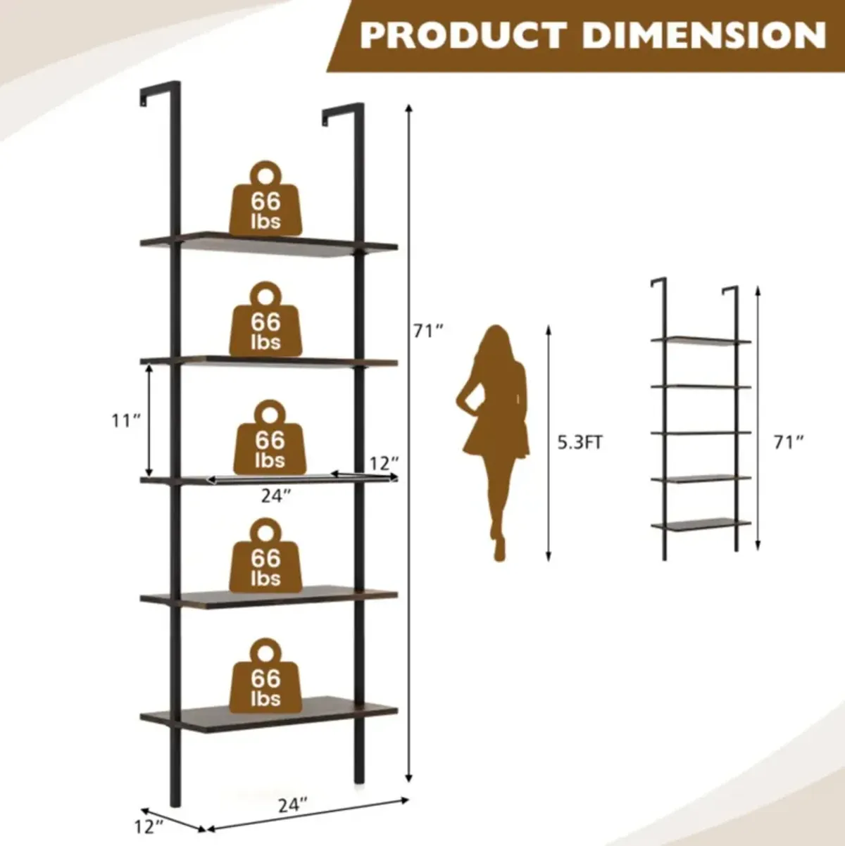 Hivvago 5 Tier Ladder Shelf Wall-Mounted Bookcase with Steel Frame-Brown