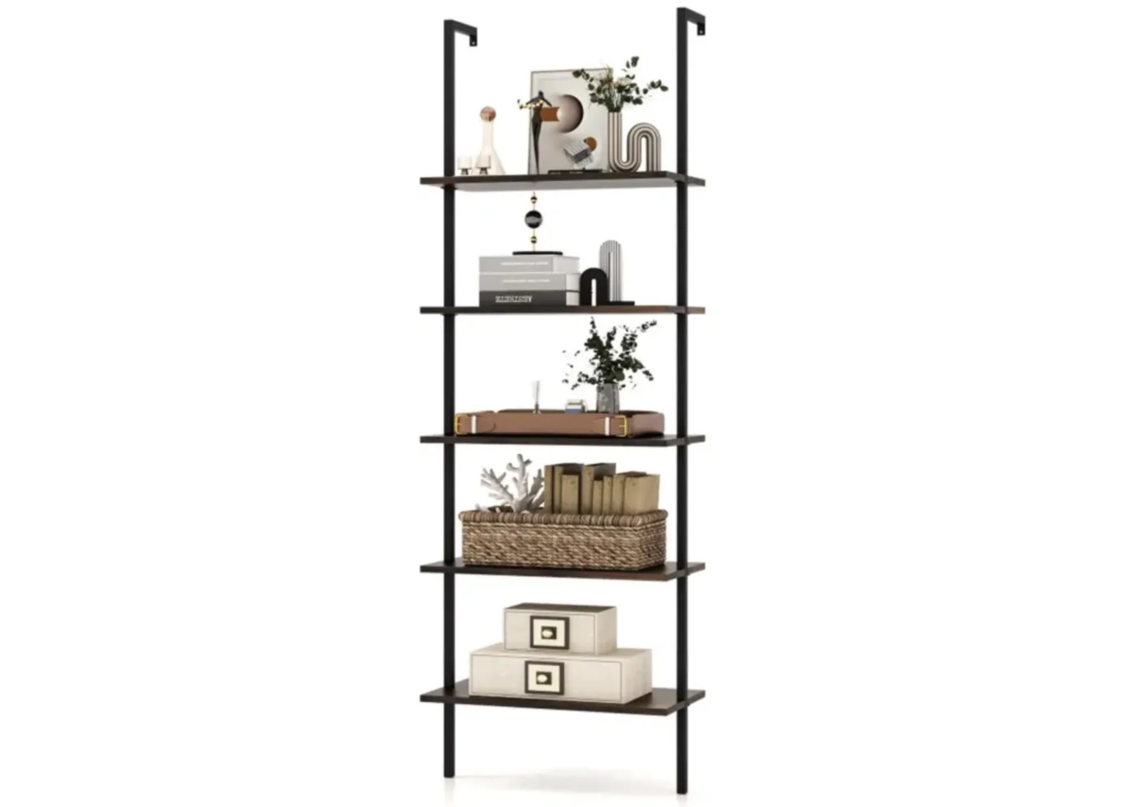 Hivvago 5 Tier Ladder Shelf Wall-Mounted Bookcase with Steel Frame-Brown