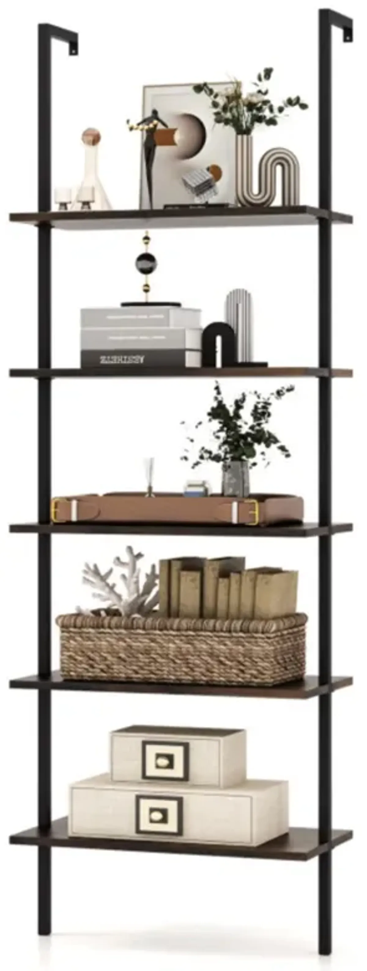 Hivvago 5 Tier Ladder Shelf Wall-Mounted Bookcase with Steel Frame-Brown