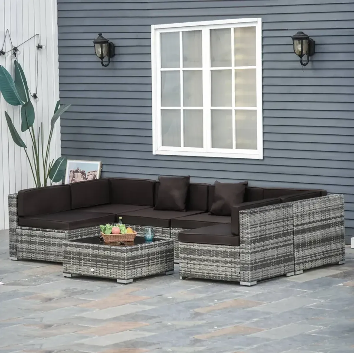 7 Piece Set Rattan Sofa Luxury Modular Conversation Outdoor Furniture, Beige