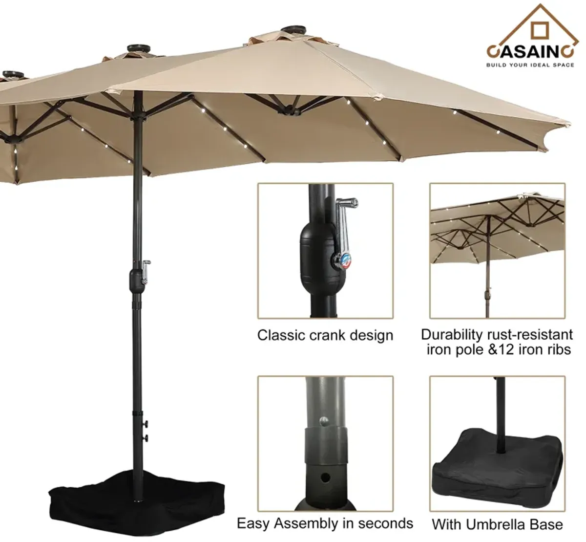 15ft Patio Maket Umbrella with base and led.