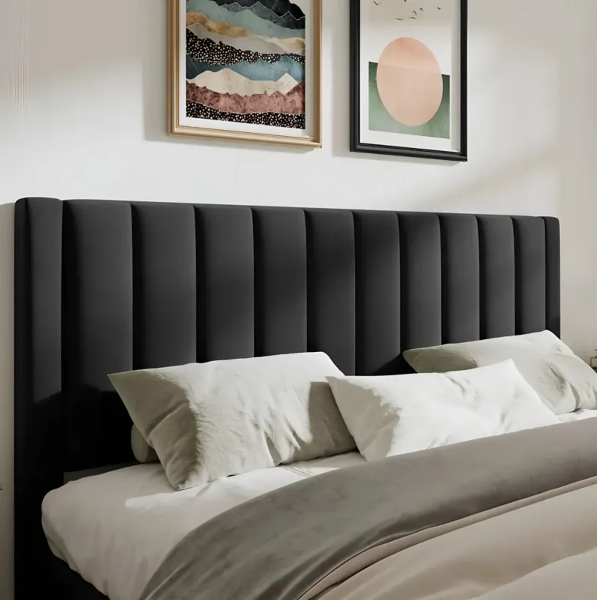 Modern Platform Bed with Velvet Upholstered Headboard – Luxurious Design and Strong Support