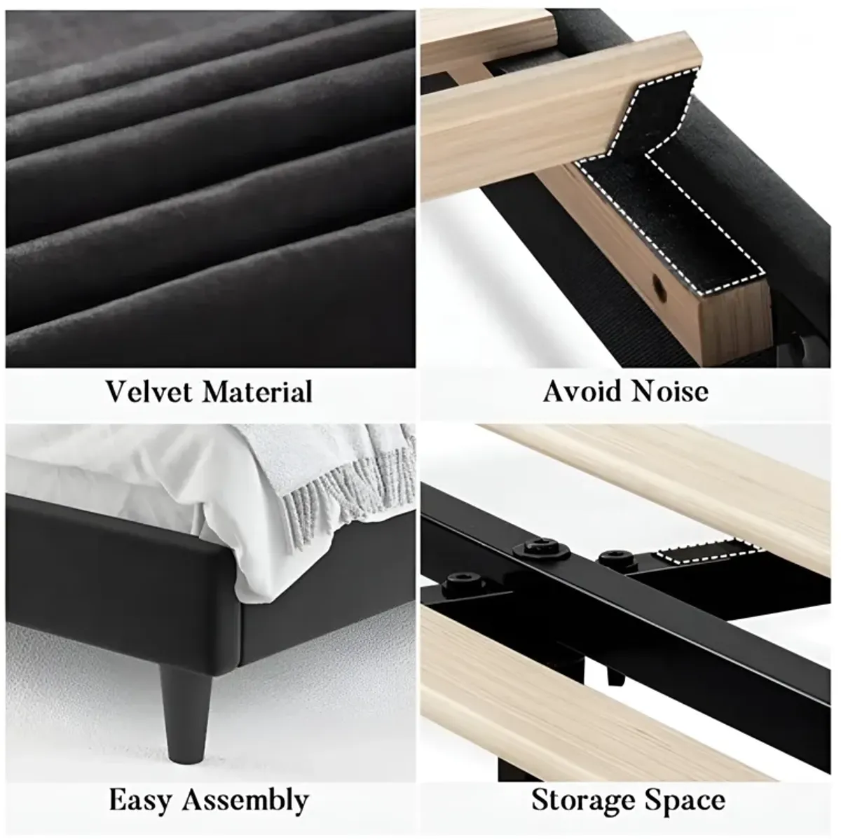 Modern Platform Bed with Velvet Upholstered Headboard – Luxurious Design and Strong Support
