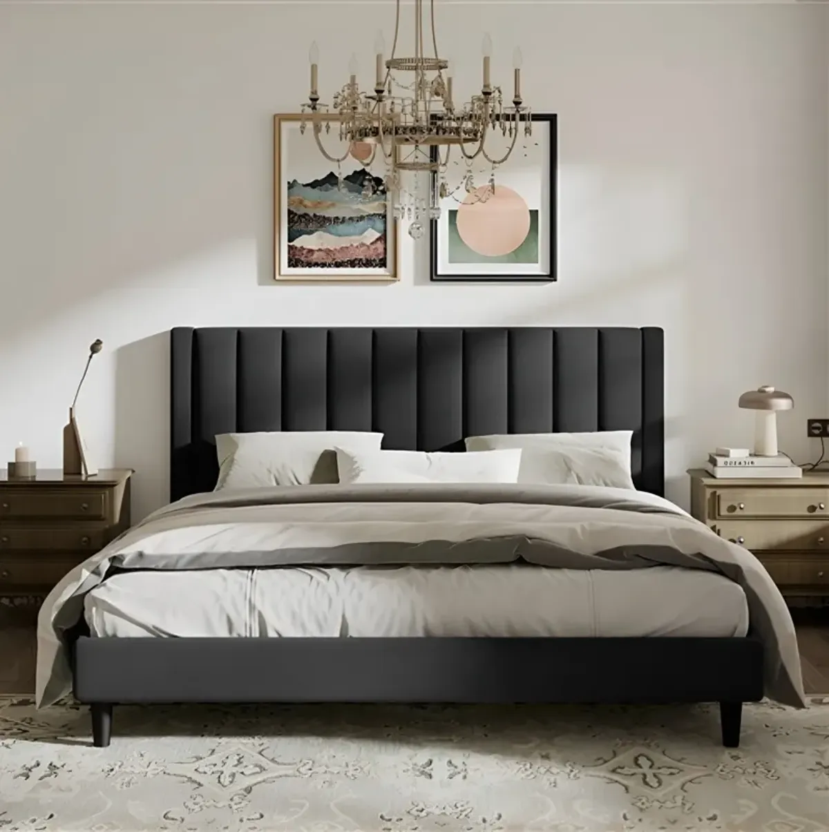 Modern Platform Bed with Velvet Upholstered Headboard – Luxurious Design and Strong Support