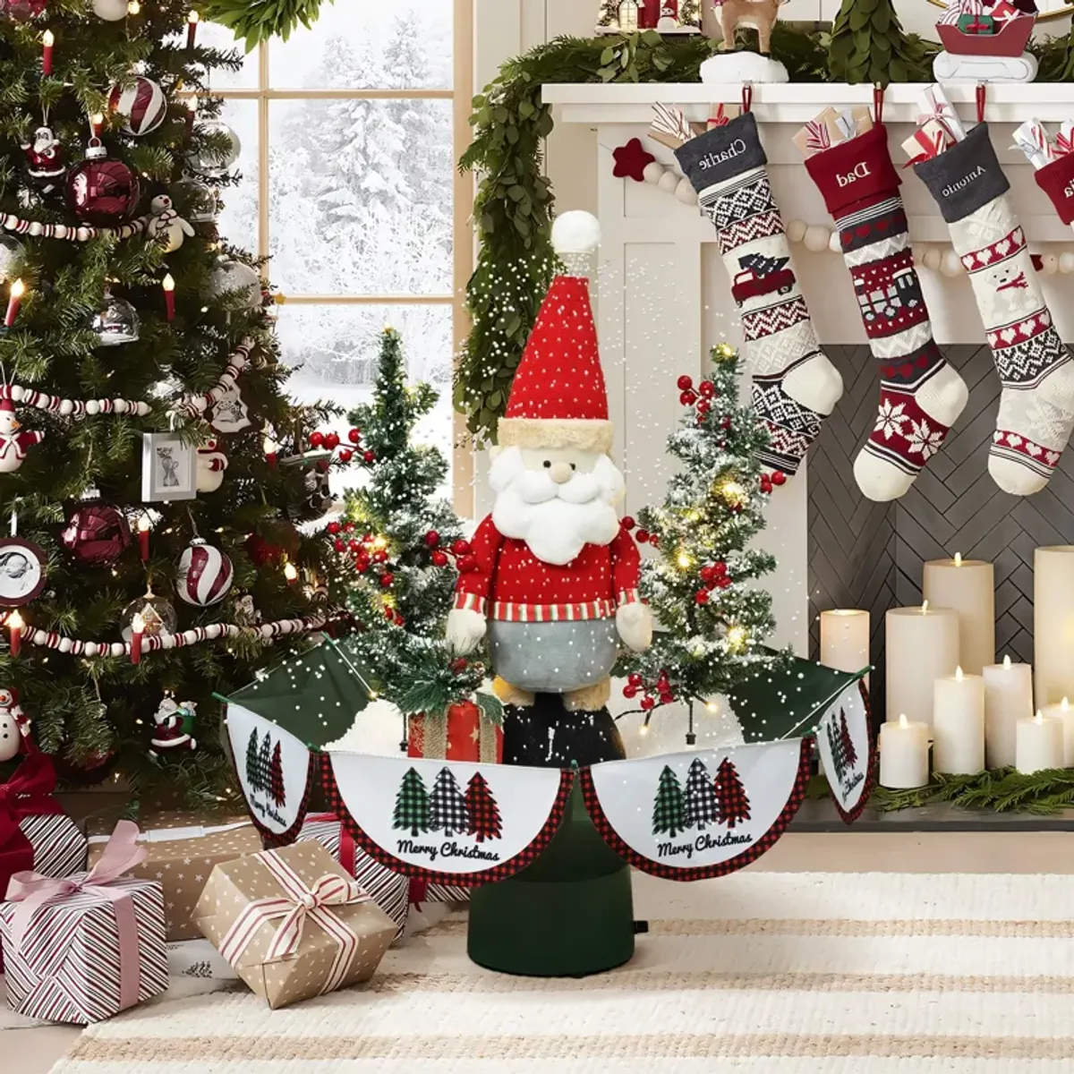 LuxenHome Holiday 31.5" Animated Musical Snowing Christmas Trees and Santa Decor with LED Lights