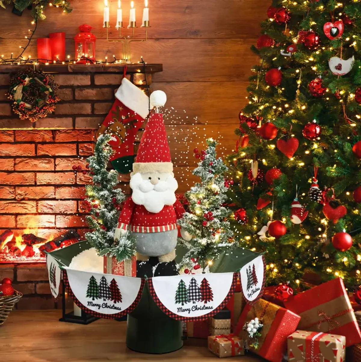 LuxenHome Holiday 31.5" Animated Musical Snowing Christmas Trees and Santa Decor with LED Lights