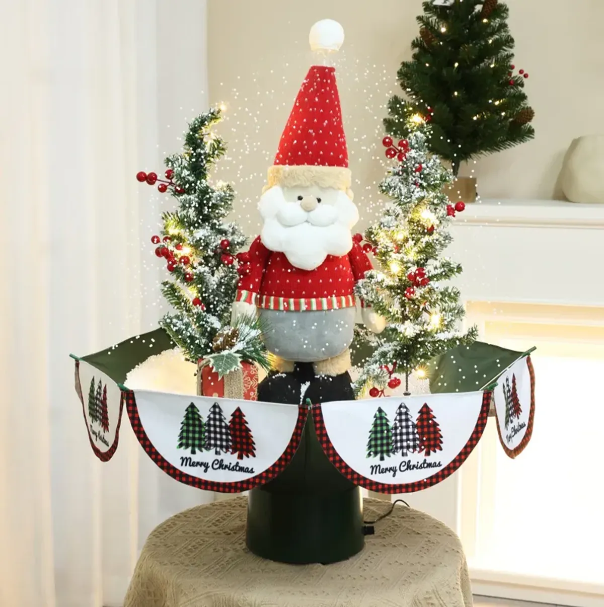 LuxenHome Holiday 31.5" Animated Musical Snowing Christmas Trees and Santa Decor with LED Lights