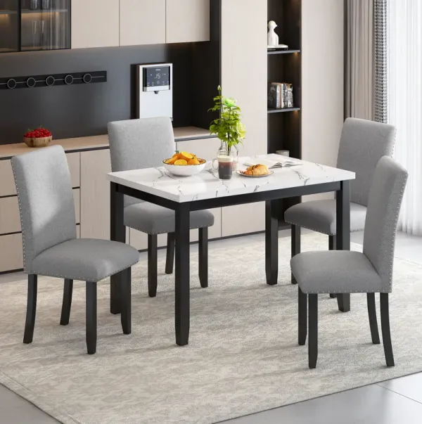 5-Piece  Dining Table Set for 4, Modern Kitchen Table and Chairs Set of 4, Marble Dining Table with 4 Upholstered Chairs for Small Space (White/Light Gray+Black)