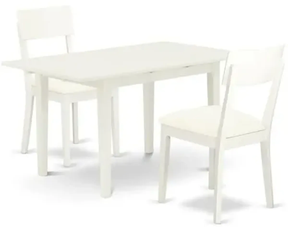 East West Furniture NOAD3-LWH-LC 3-Pc Modern Dining Table Set 2 Modern Dining Chairs with Ladder Back and a Faux Leather Seat and Butterfly Leaf Dining Table with Rectangular Top and 4 Legs- Linen Whi