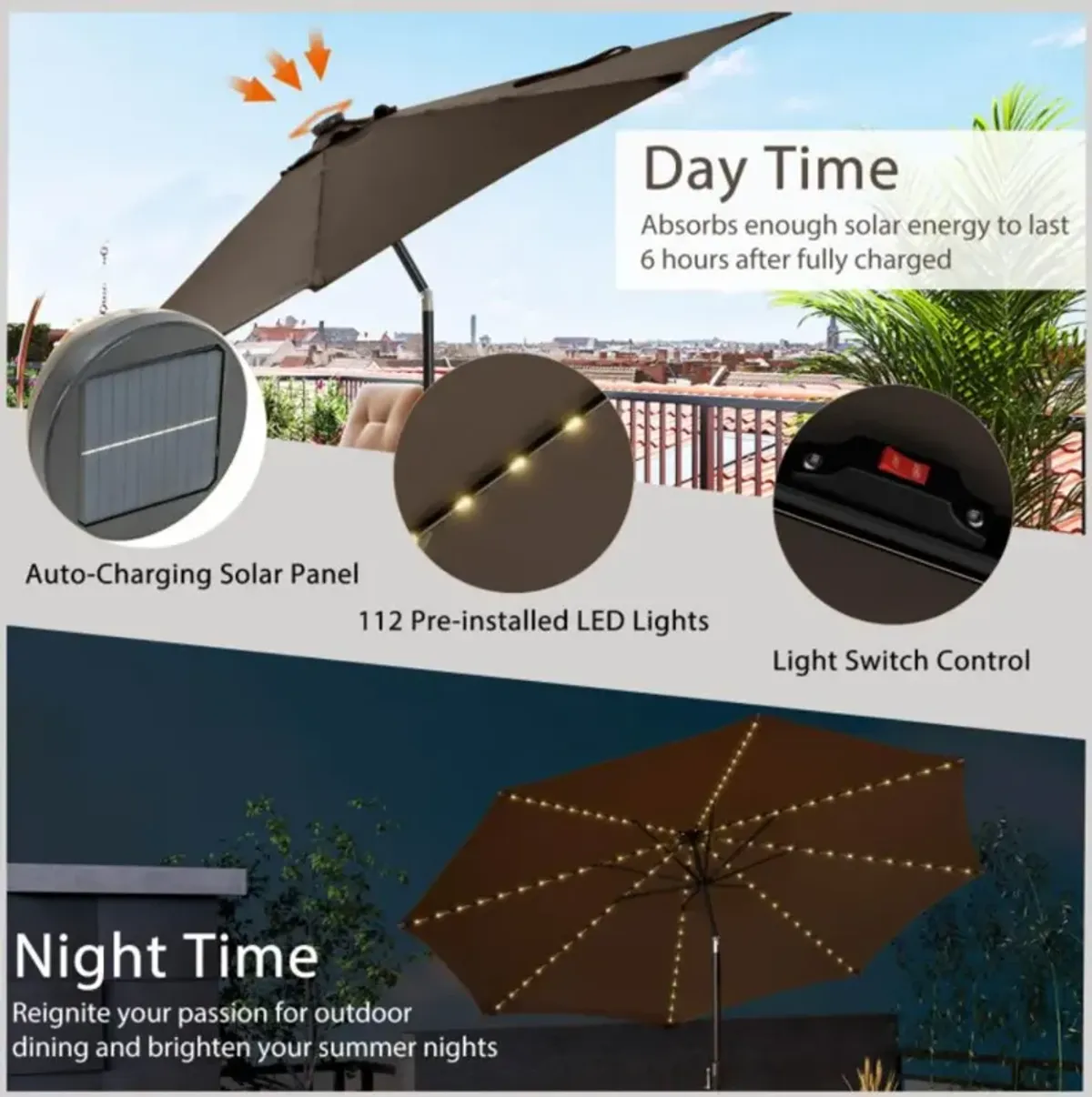 Hivvago 10 Feet Patio Umbrella with 112 Solar Lights and Crank Handle