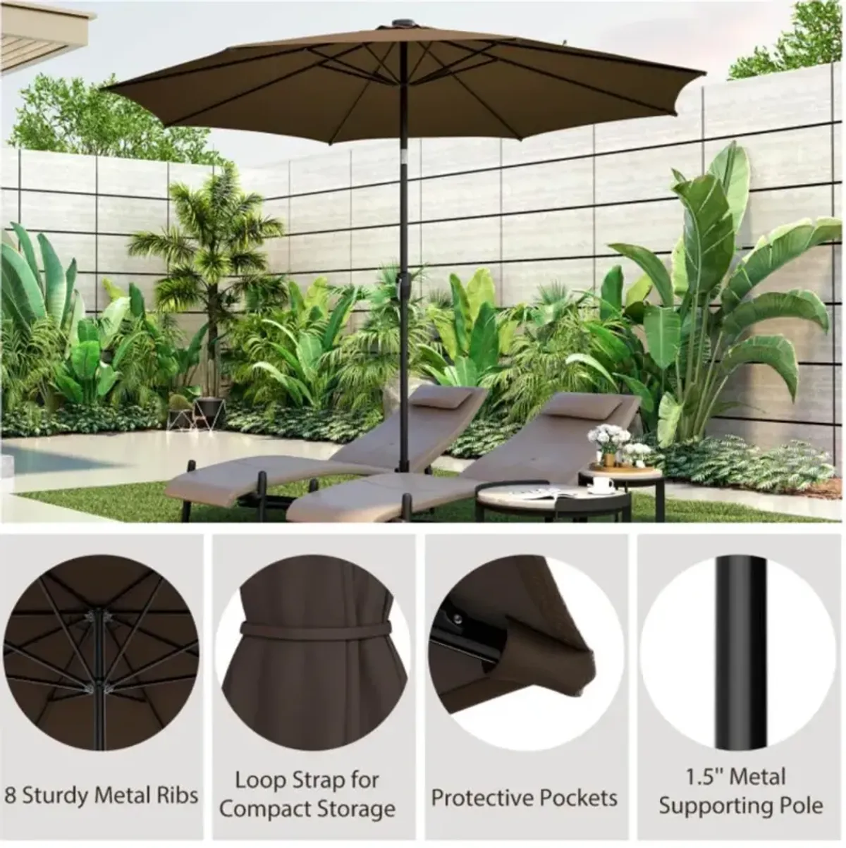 Hivvago 10 Feet Patio Umbrella with 112 Solar Lights and Crank Handle