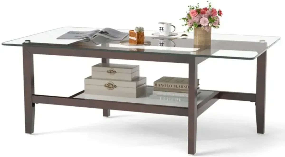 Hivvago Rectangular 2-Tier Glass Coffee Table with Storage Shelf