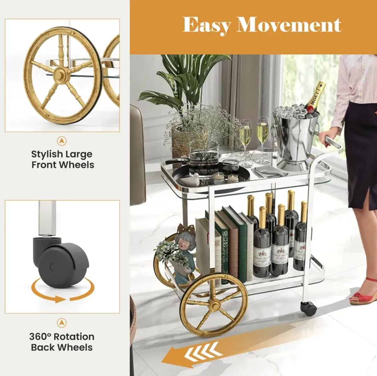 2-Tier Tempered Glass Bar Cart with 2 Large Aluminum Wheels and 2 Rolling Casters