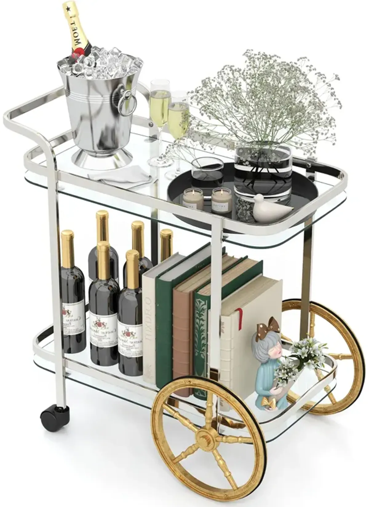 2-Tier Tempered Glass Bar Cart with 2 Large Aluminum Wheels and 2 Rolling Casters