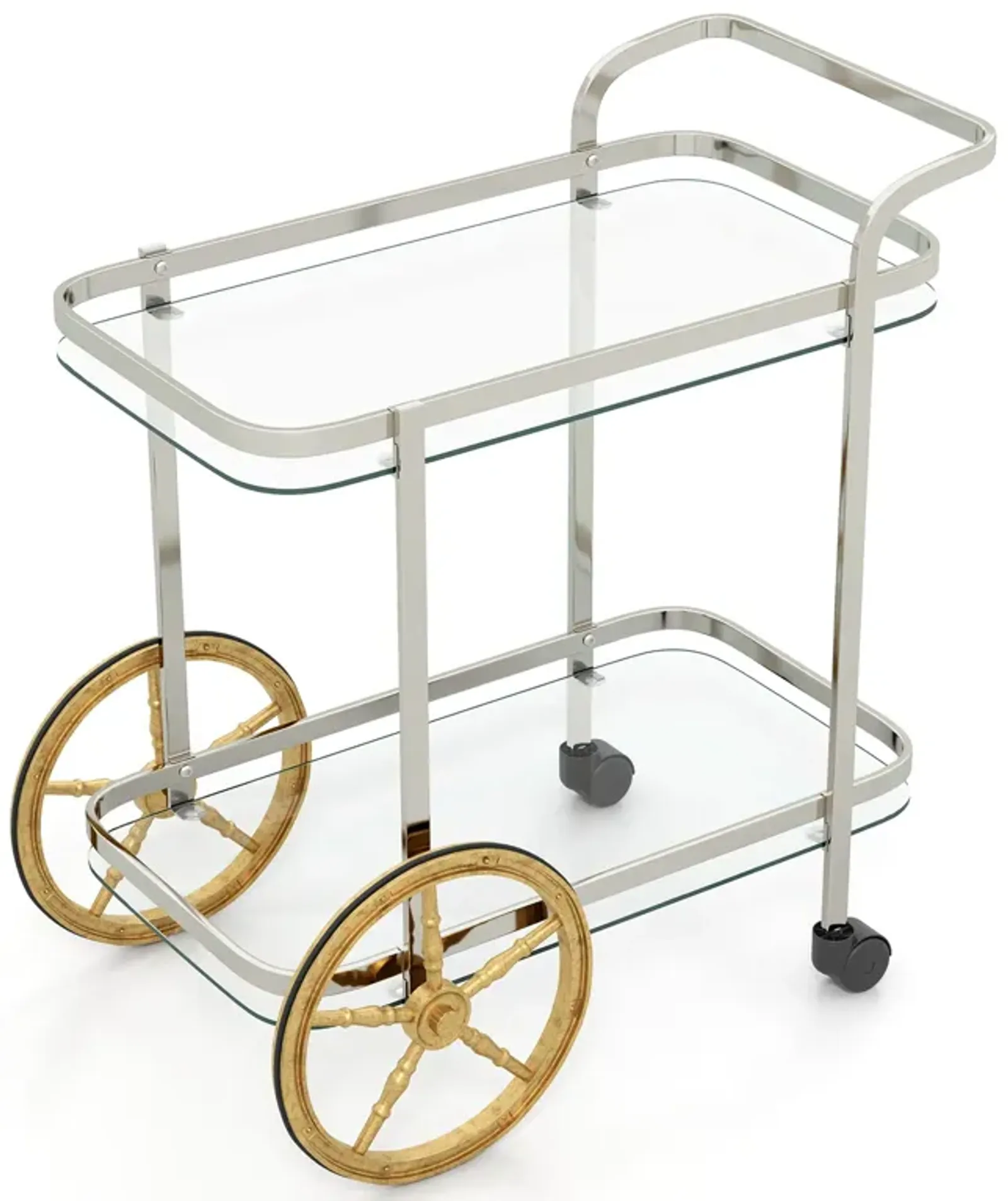 2-Tier Tempered Glass Bar Cart with 2 Large Aluminum Wheels and 2 Rolling Casters