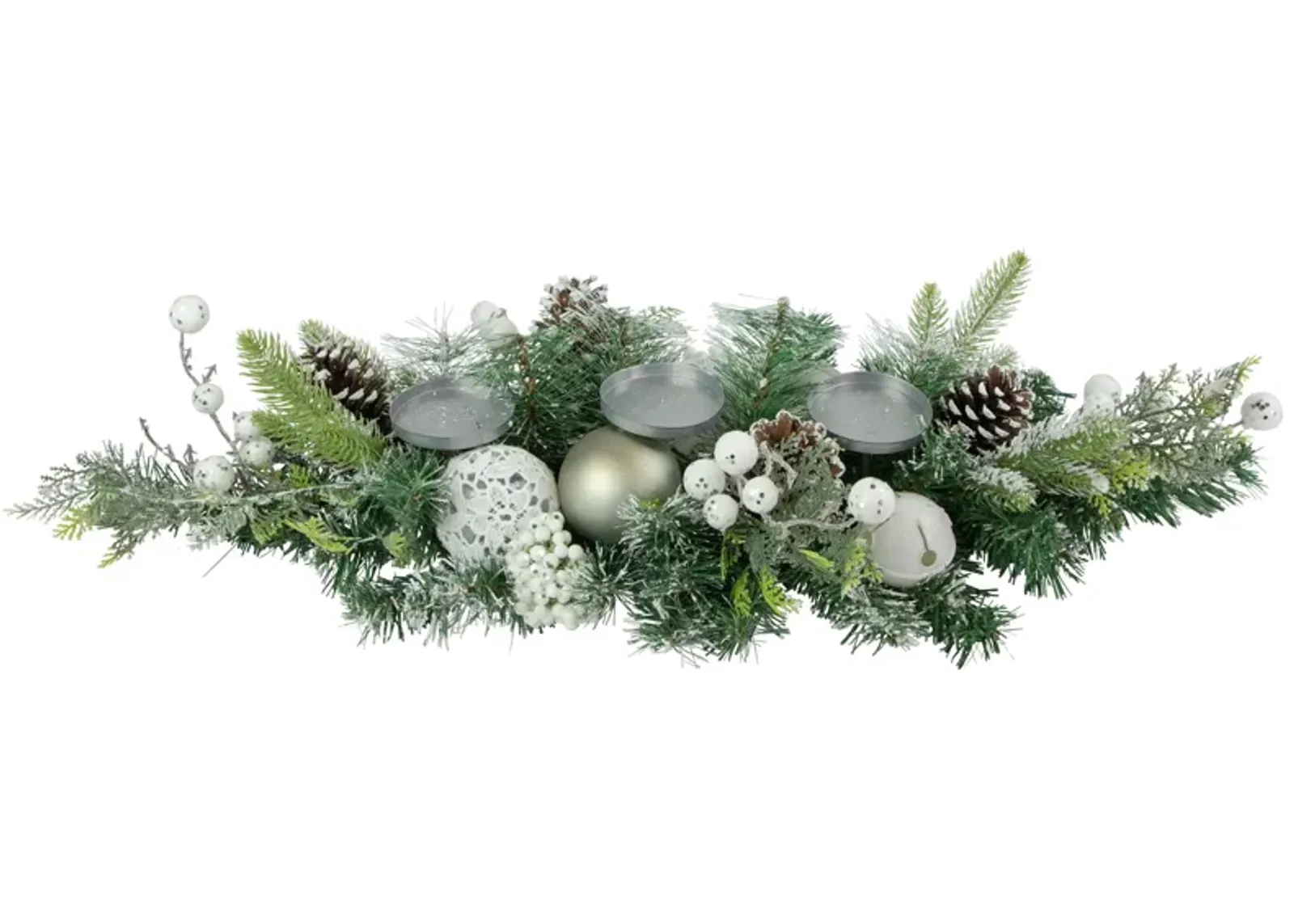 32" Green Frosted Pine Triple Candle Holder with Christmas Ornaments and Pinecones