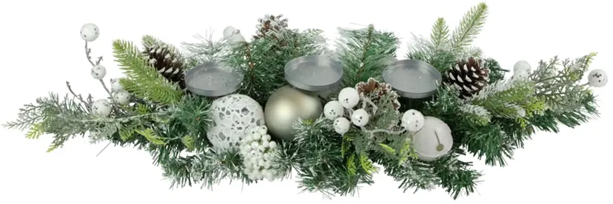 32" Green Frosted Pine Triple Candle Holder with Christmas Ornaments and Pinecones