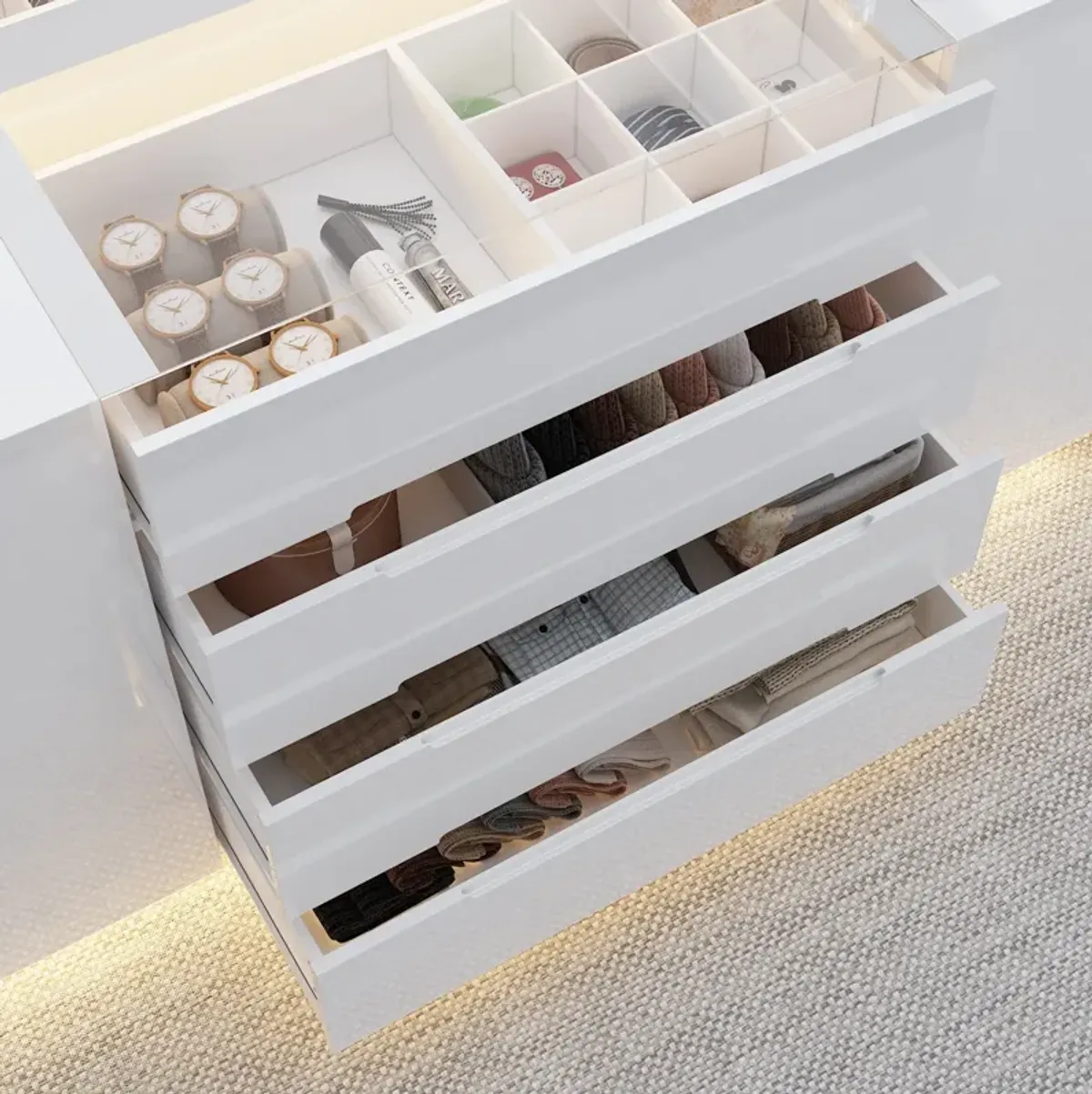 Armoire Bedroom Island with LED Light, Glass Tabletop & Storage Organizer, Wardrobe Closet with 16 Handle-Less Drawers, Walk-in Closet Island Dresser for Bedroom Shops, White