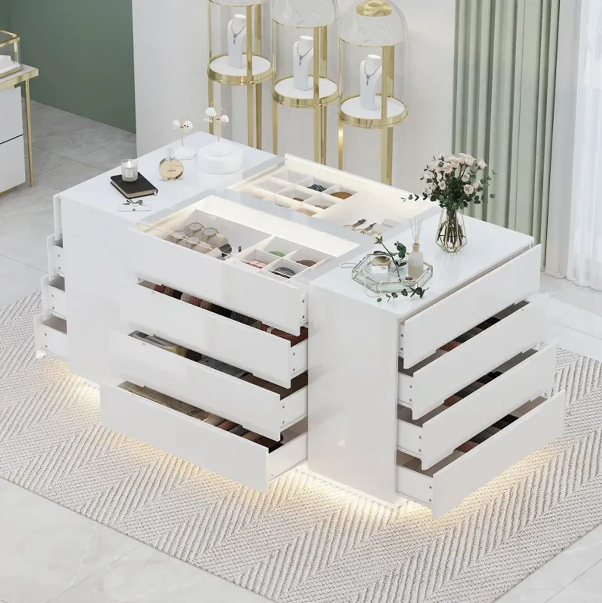 Armoire Bedroom Island with LED Light, Glass Tabletop & Storage Organizer, Wardrobe Closet with 16 Handle-Less Drawers, Walk-in Closet Island Dresser for Bedroom Shops, White