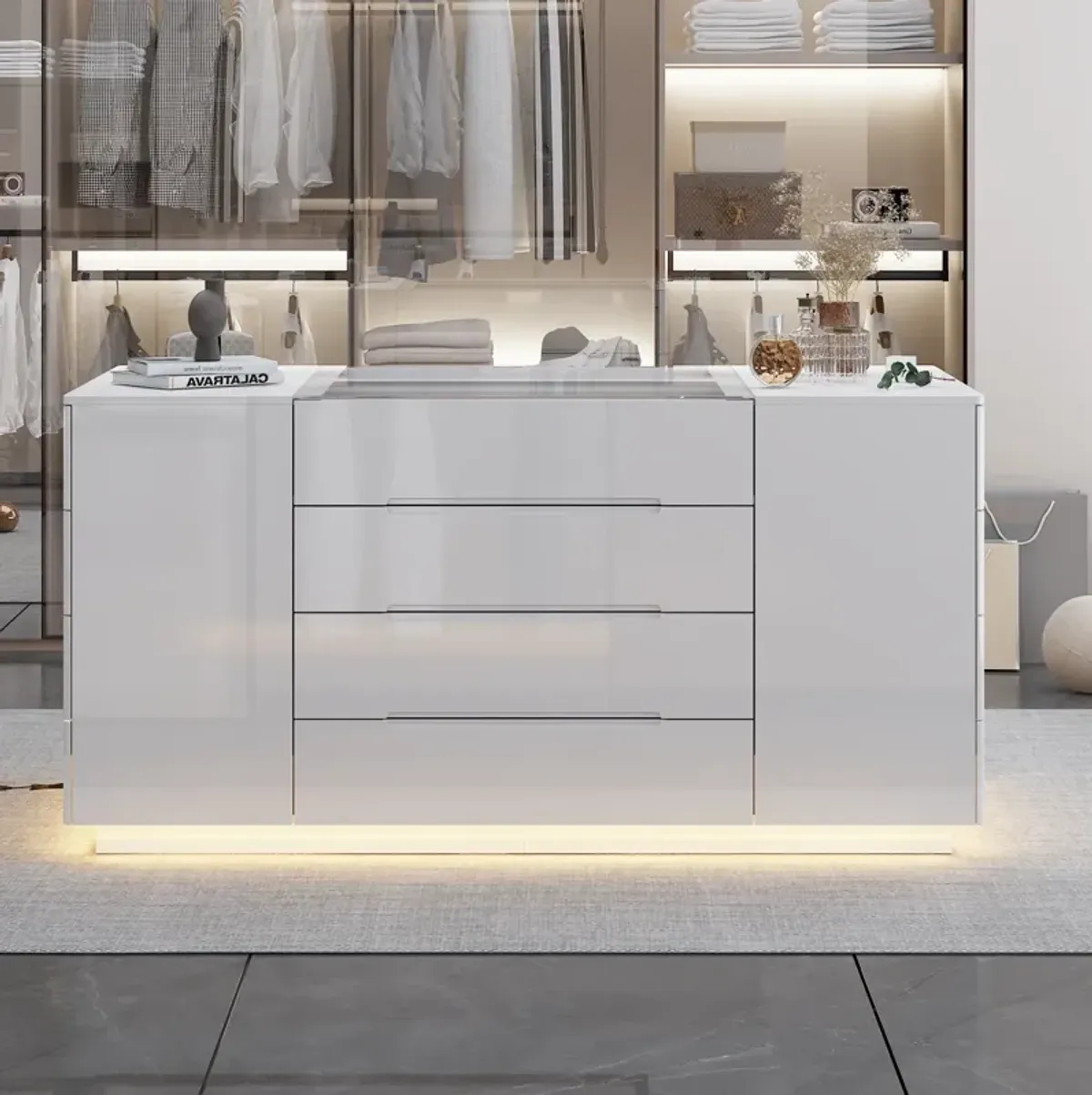 Armoire Bedroom Island with LED Light, Glass Tabletop & Storage Organizer, Wardrobe Closet with 16 Handle-Less Drawers, Walk-in Closet Island Dresser for Bedroom Shops, White