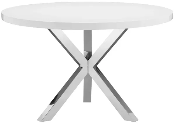 Emi 47 Inch Round Dining Table, X- Cross Brushed Steel, White Wood - Benzara