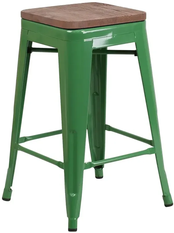 Flash Furniture Lily 24" High Backless Green Metal Counter Height Stool with Square Wood Seat