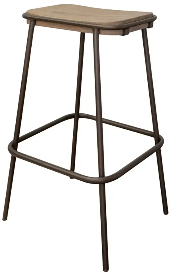 Umey 30 Inch Barstool, Footrest, Metal Frame, Solid Brown Mango Wood Top - Benzara