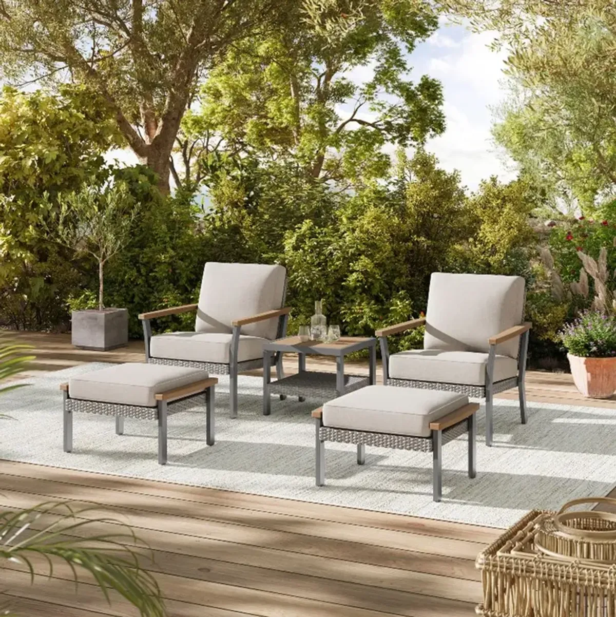 Patio Ottoman Stool with Cushioned Top and Versatile Design