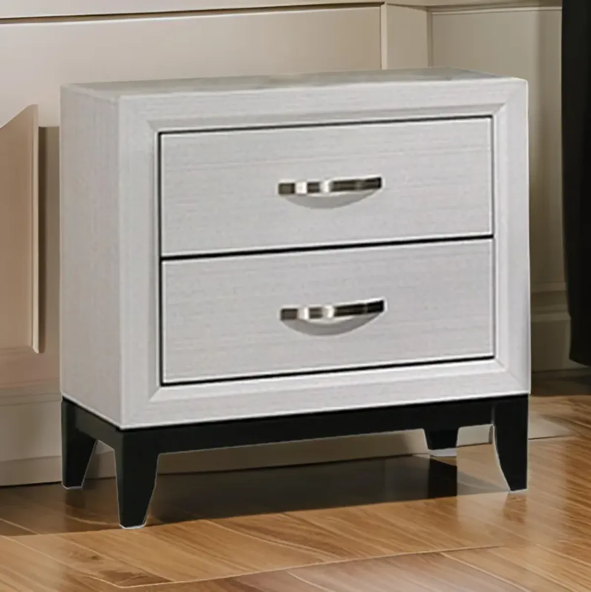 Erica Nightstand, 2 Drawers, White Wood Finished Frame, Metal Handles